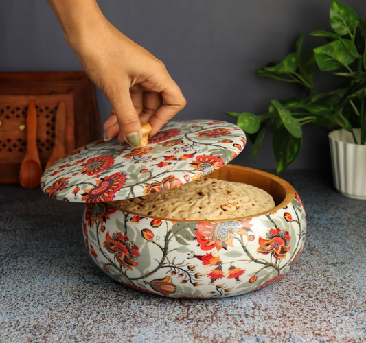 HAADI HANDICRAFTS Wooden Chapati Box with Floral Print | 30 cm Insulated Casserole for Roti, Paratha & Hot Food | Stylish Kitchen Serving Dish