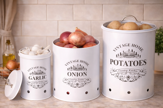 Metallure Home Round Classic Kitchen Storage Containers | Set of 3 Metal Jars With Lid | Potato, Onion & Garlic (Food Safe) (White)