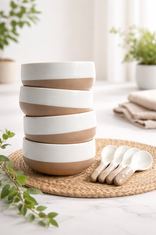 Lumiset Set of 4 Unbreakable Plastic Soup Bowls with Spoons | 250 ml BPA-Free Microwave & Dishwasher Safe Bowls | Beige