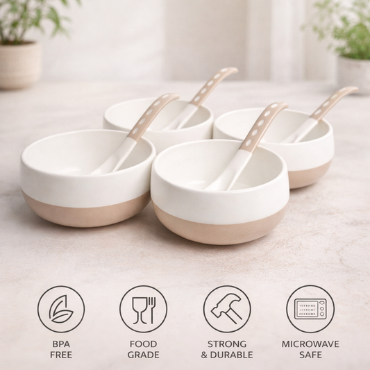 Lumiset Set of 4 Unbreakable Plastic Soup Bowls with Spoons | 250 ml BPA-Free Microwave & Dishwasher Safe Bowls | Beige