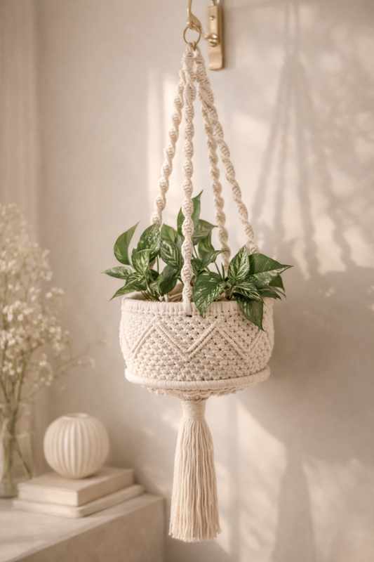 Macrame Cotton Plant Hanger – Boho Flower Pot Holder for Indoor & Outdoor Plants, Balcony & Garden Space Saver – Pack of 1