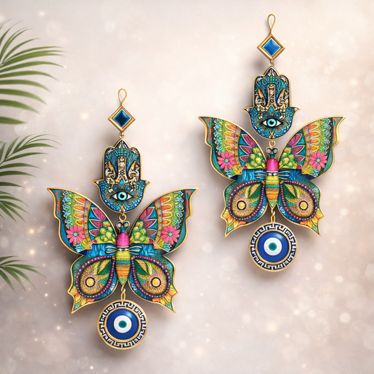 Memento Premium Wooden Butterfly Evil Eye Wall Hanging | Hamsa Hand Positive Vibes Decor for Home, Door & Office | Set of 2